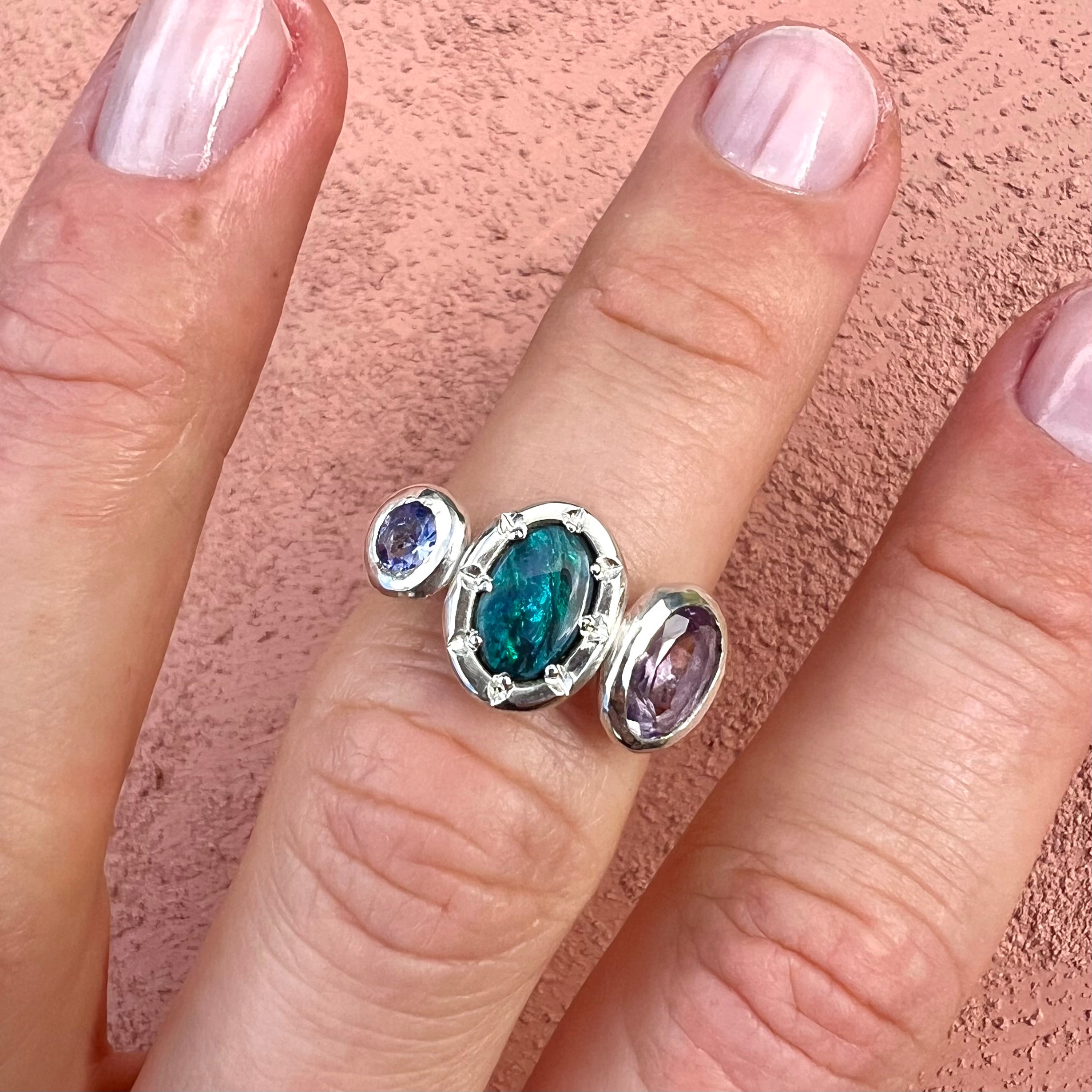 rhapsody black opal, amethyst & tanzanite ring