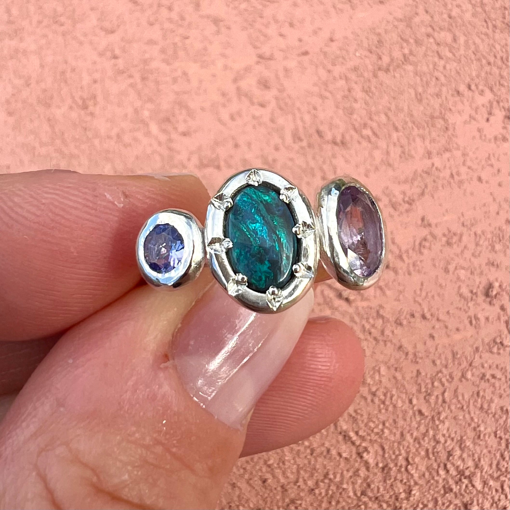 rhapsody black opal, amethyst & tanzanite ring