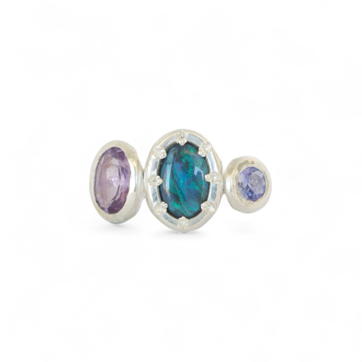 rhapsody black opal, amethyst & tanzanite ring